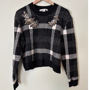 Veronica Beard Deana Embellished Plaid Sweater Alpaca Wool